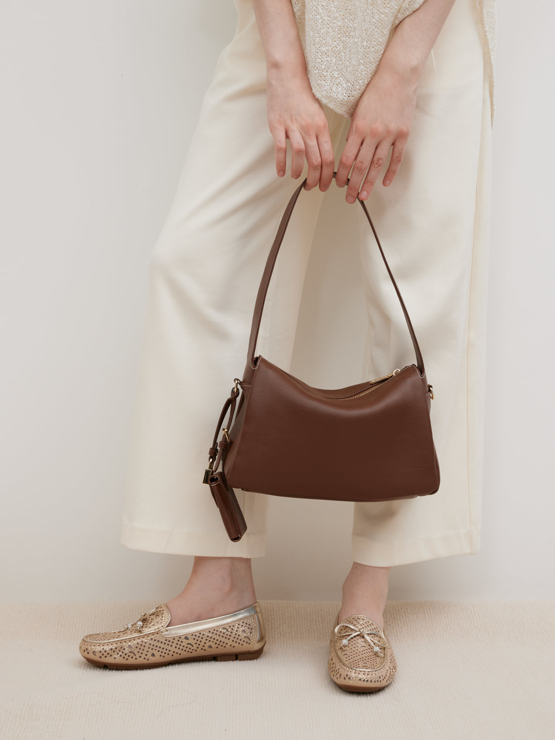 PAZZION, Ivana Lock Leather Bag, Brown