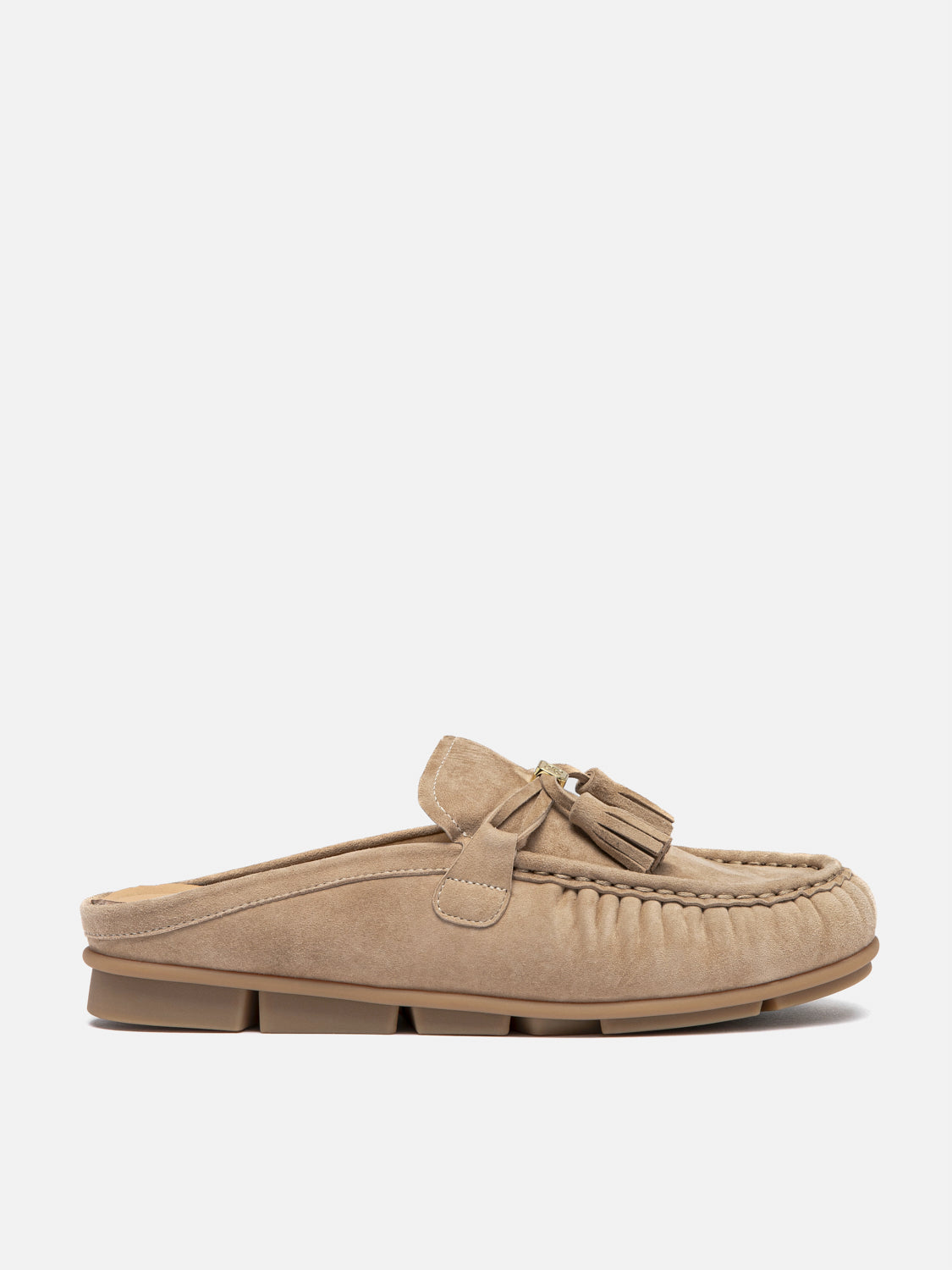 PAZZION, Jean Bow Suede Mules, Almond