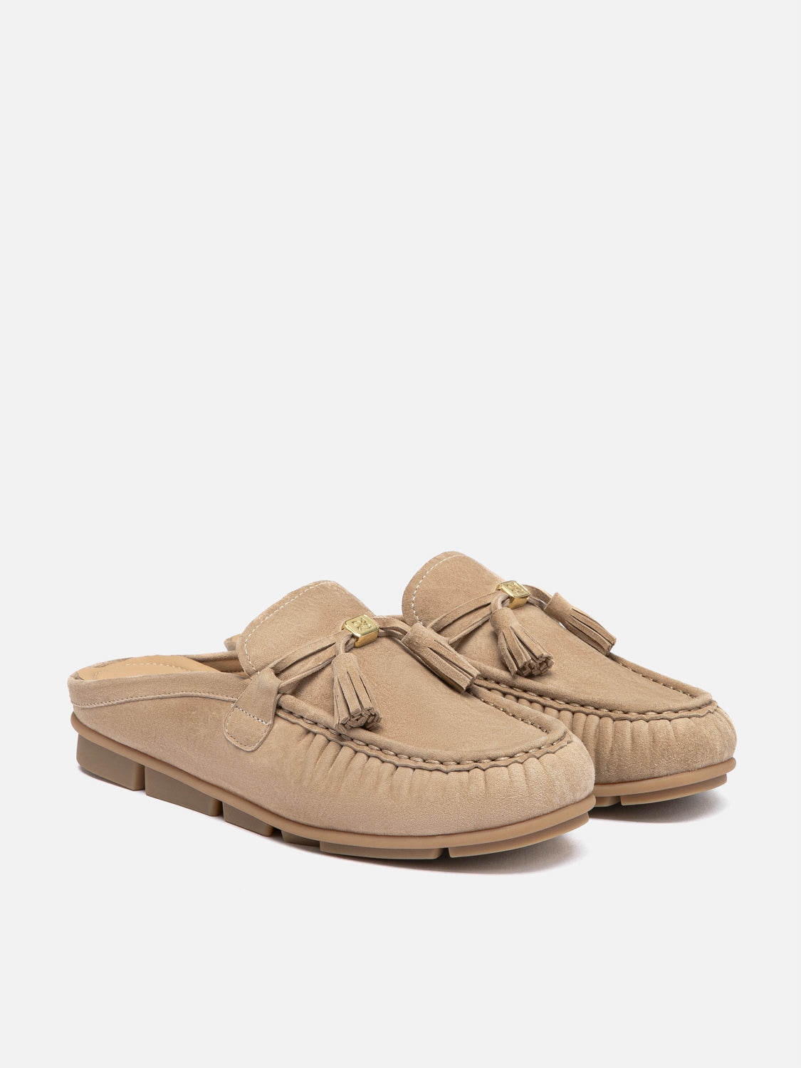 PAZZION, Jean Bow Suede Mules, Almond