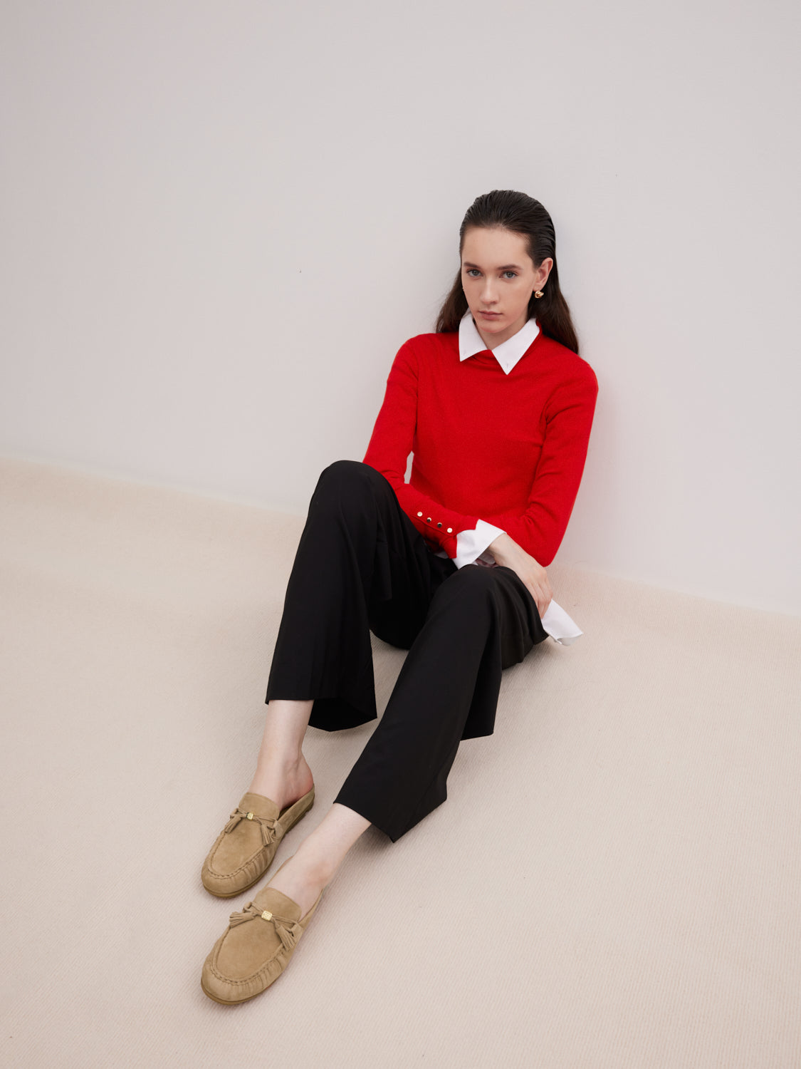 PAZZION, Jean Bow Suede Mules, Almond