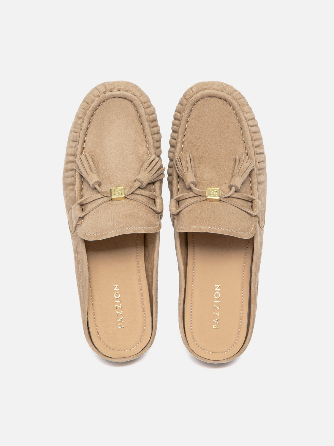 PAZZION, Jean Bow Suede Mules, Almond