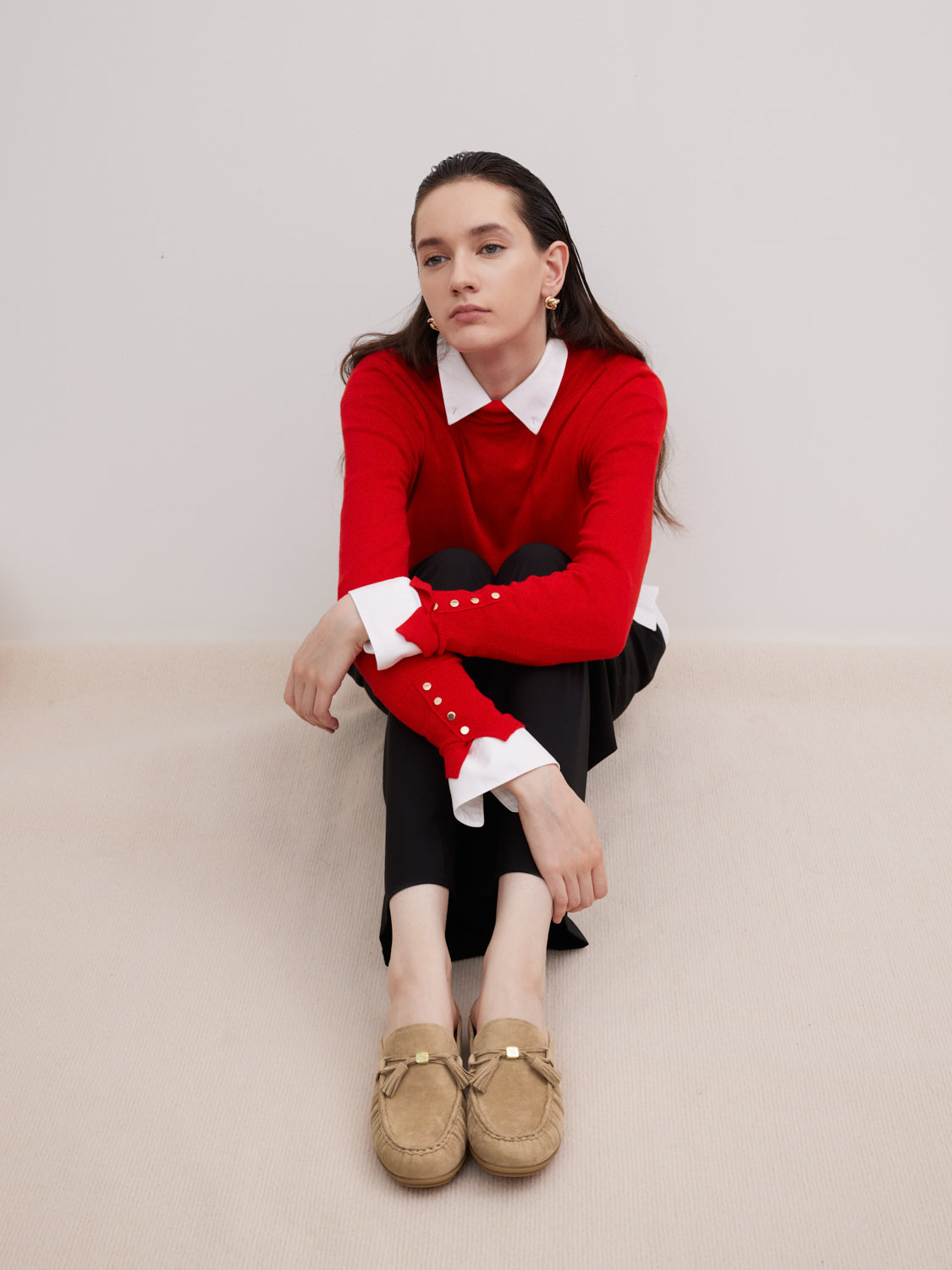 PAZZION, Jean Bow Suede Mules, Almond