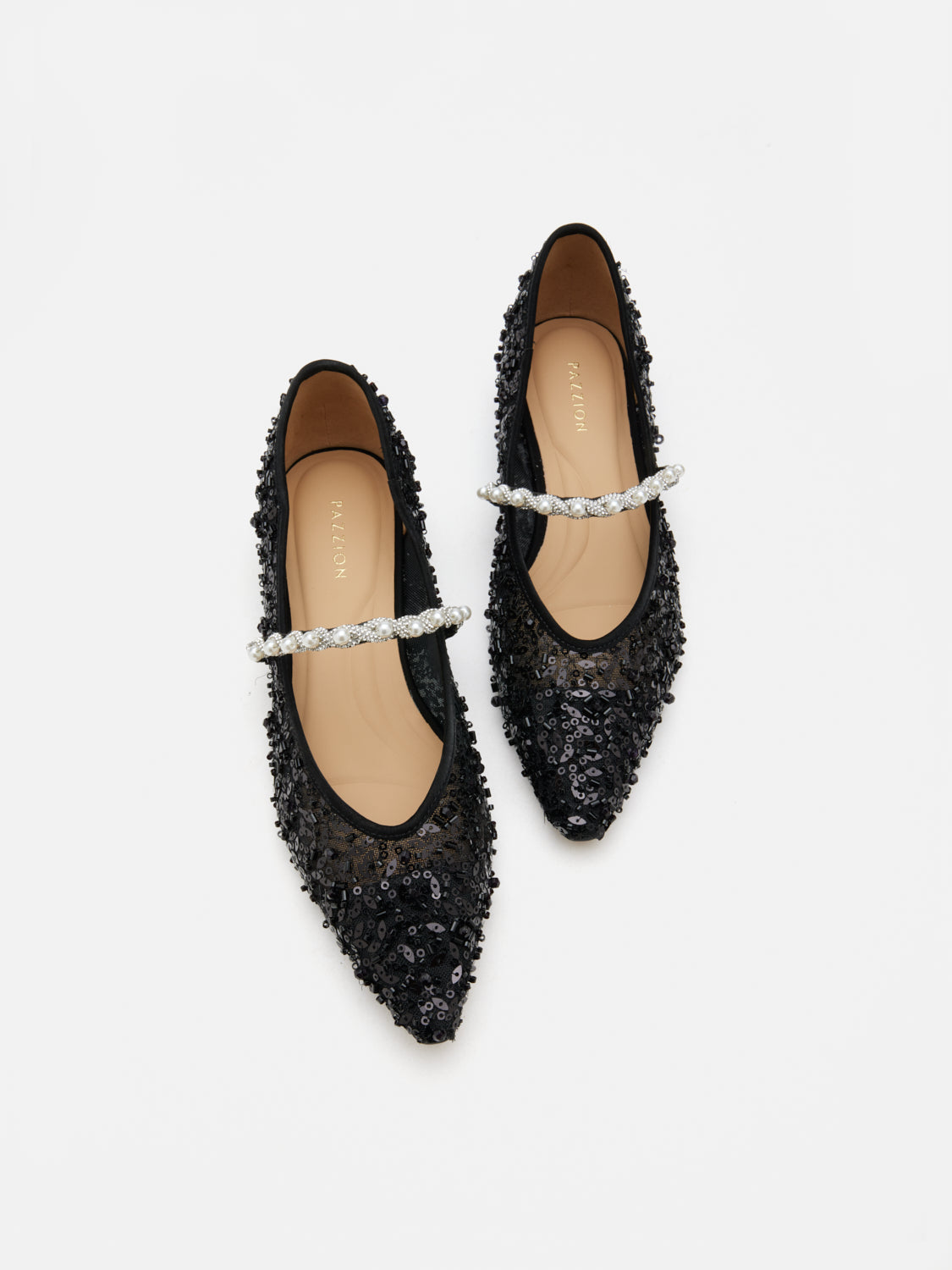 PAZZION, Jemima Embellished Mesh Pointed Toe Flats, Black