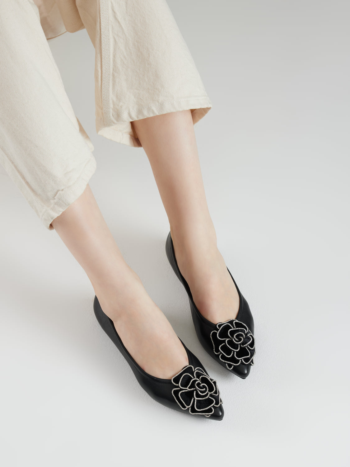 PAZZION, Jovena Floral Embellished Leather Pointed Flats, Black