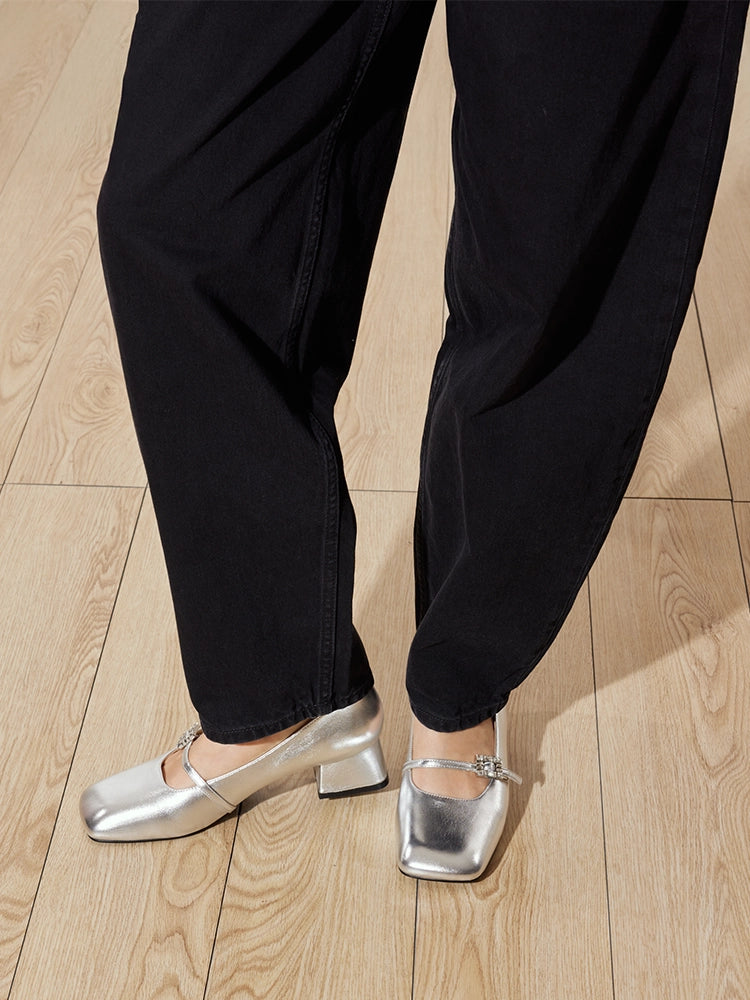 PAZZION, Kamielle Embellished Buckle Mary Jane Heels, Silver