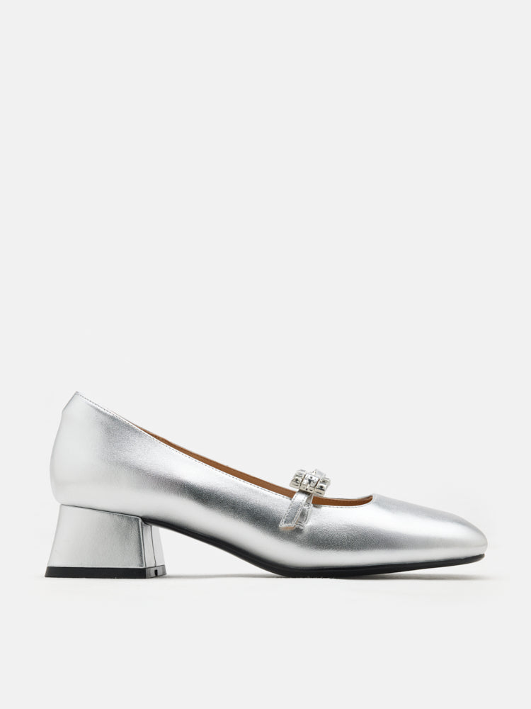 PAZZION, Kamielle Embellished Buckle Mary Jane Heels, Silver