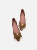 PAZZION, Kara Gold Accented Sculpted Bow Patent Flats, Khaki