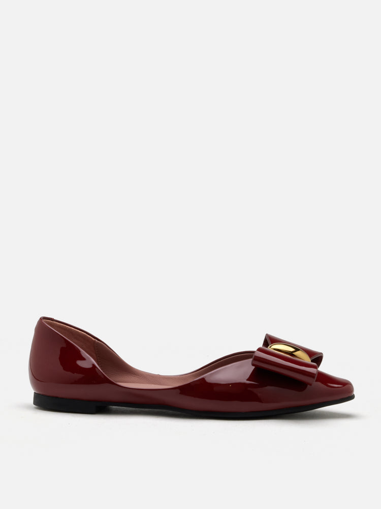 PAZZION, Kara Gold Accented Sculpted Bow Patent Flats, Wine