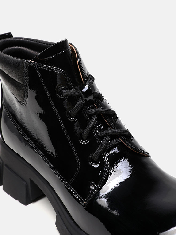 PAZZION, Kenzie Patent Lace Up Ankle Boots, Black