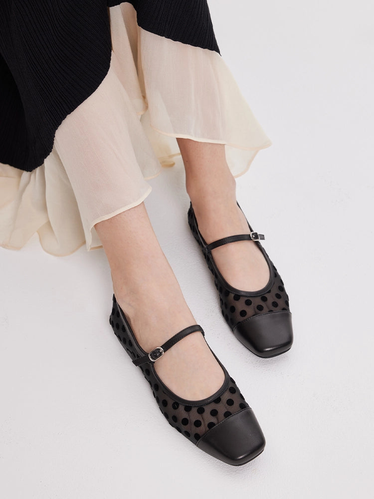 PAZZION, Kenzie Polka Dot Mesh Mary Janes, Black