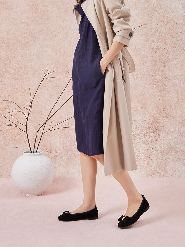 PAZZION, Keyla Gold Accented Bow Suede Flats, Black