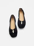 PAZZION, Keyla Gold Accented Bow Suede Flats, Black