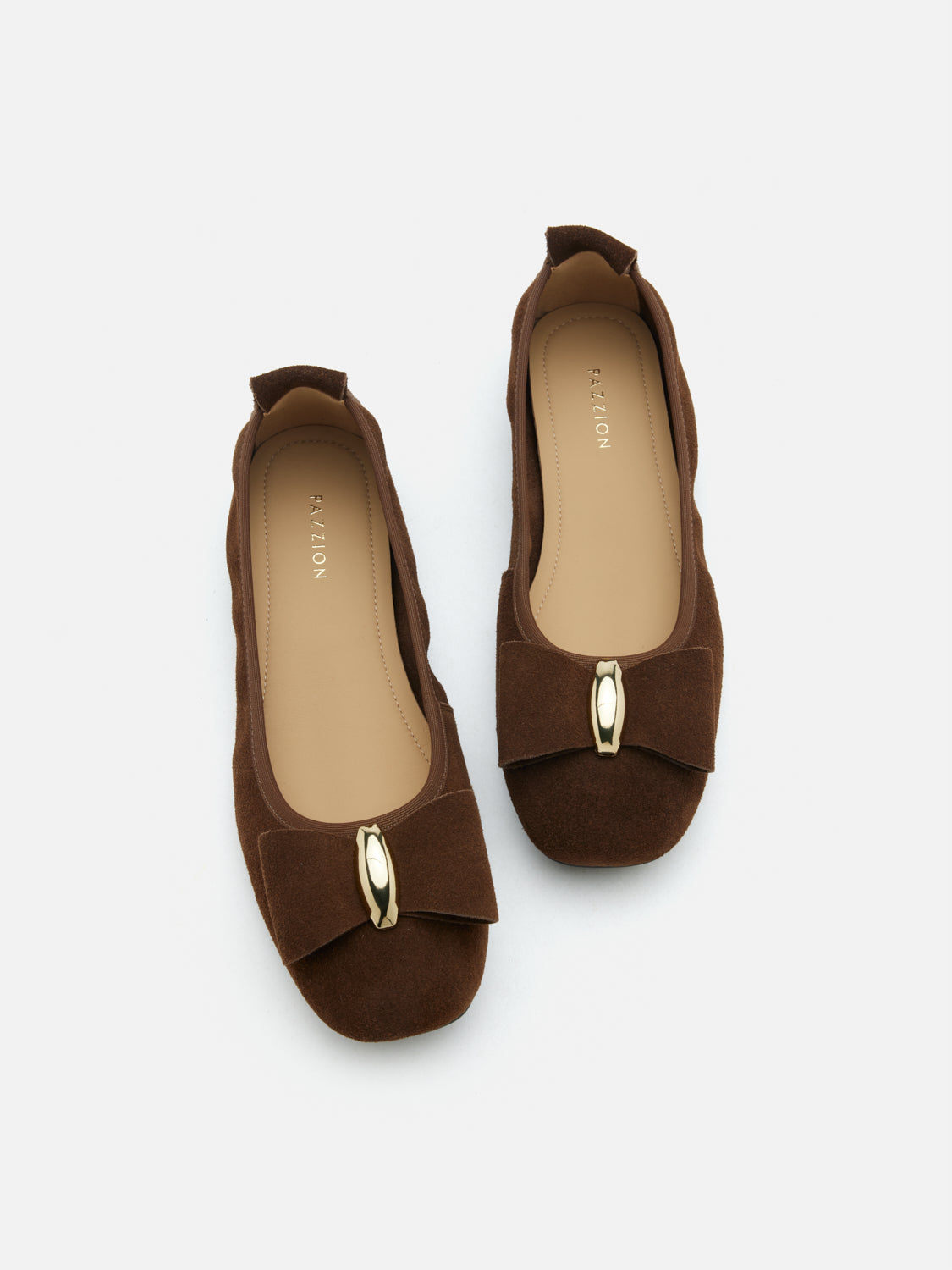 PAZZION, Keyla Gold Accented Bow Suede Flats, Brown