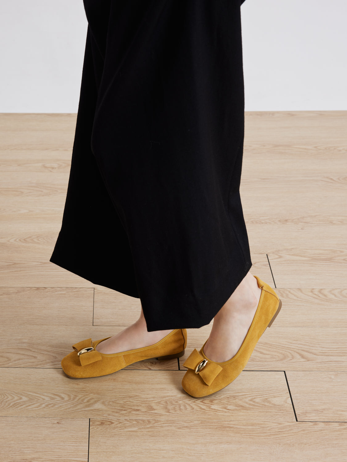 PAZZION, Keyla Gold Accented Bow Suede Flats, Yellow