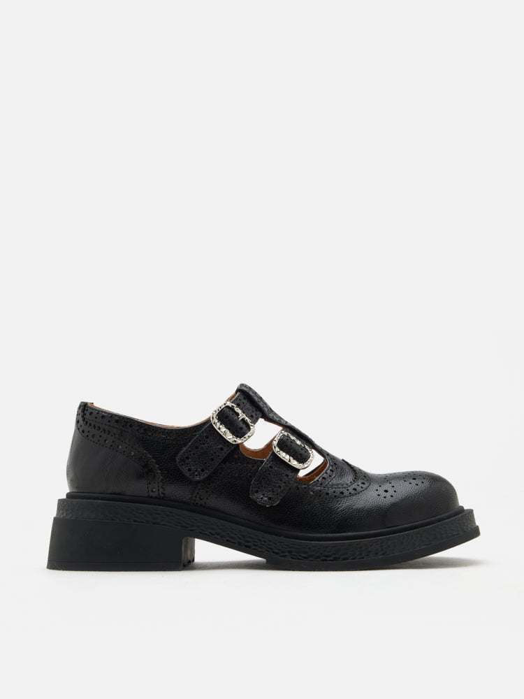 PAZZION, Kimora Double Buckle Brogue Loafers, Black