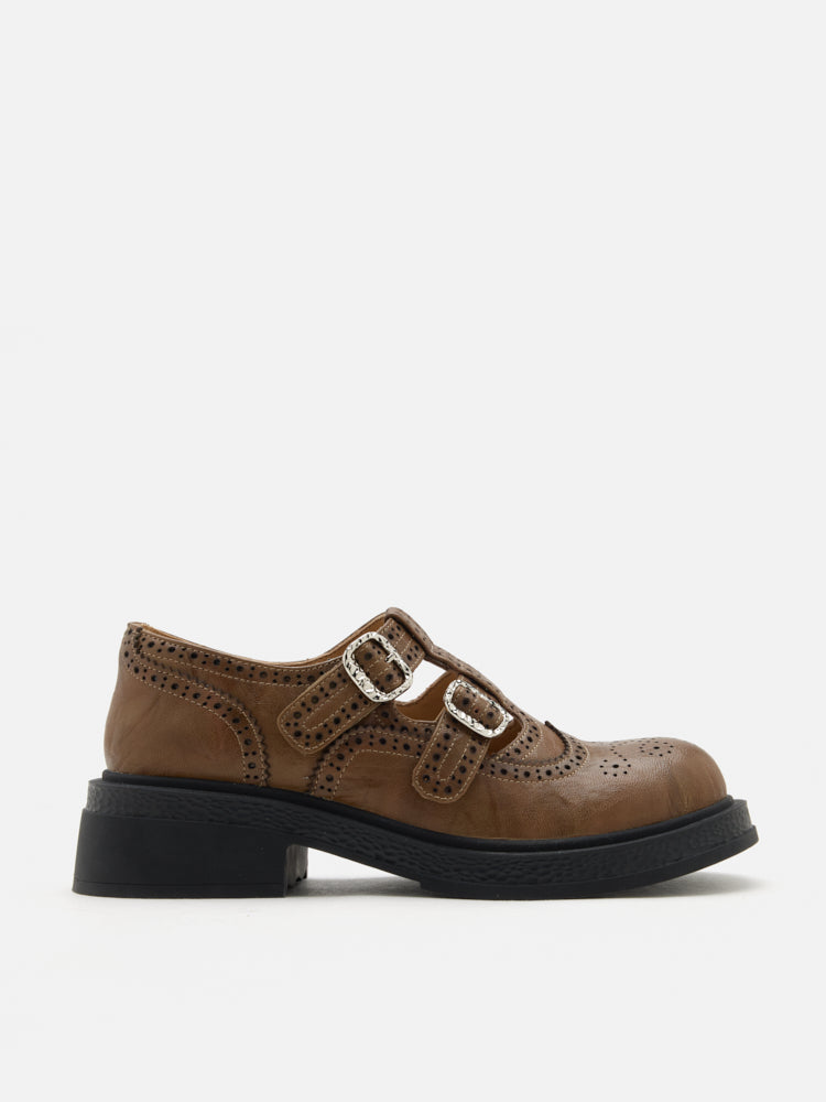 PAZZION, Kimora Double Buckle Brogue Loafers, Khaki