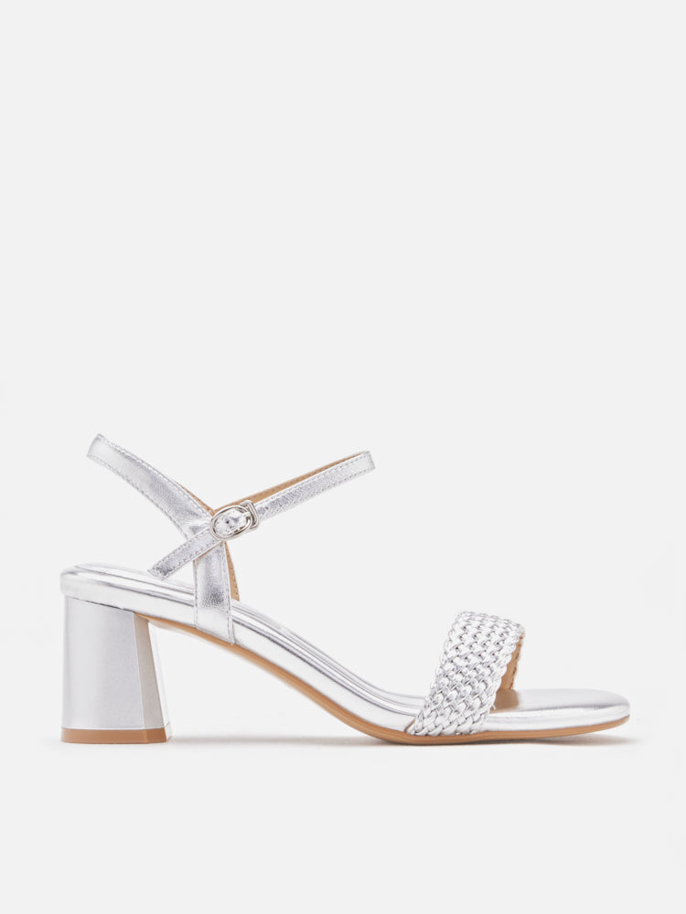 PAZZION, Kit Metallic Woven Strap Sandal Heels, Silver