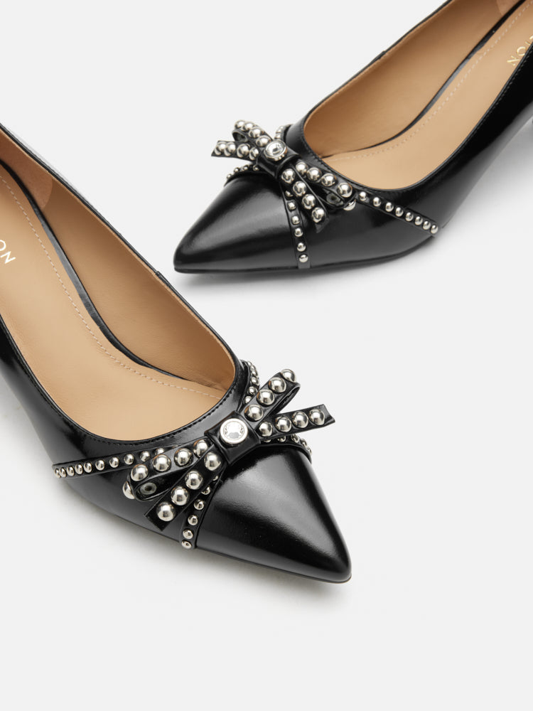 PAZZION, Knox Studded Bow Pointed Toe Heels, Black