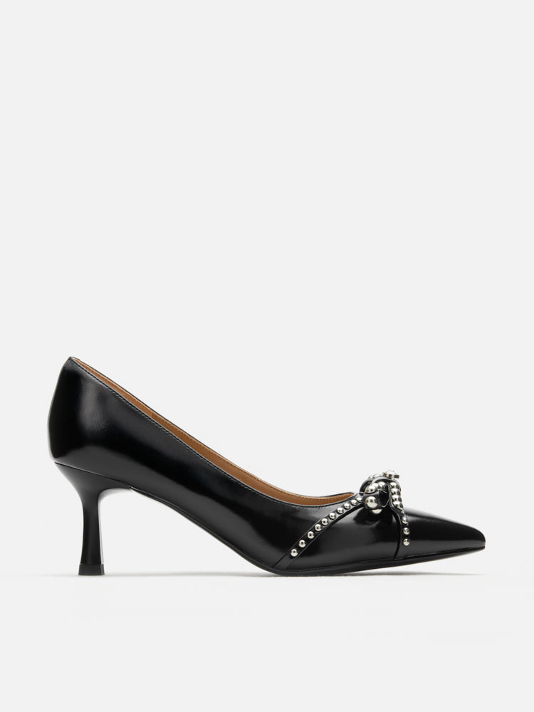 PAZZION, Knox Studded Bow Pointed Toe Heels, Black