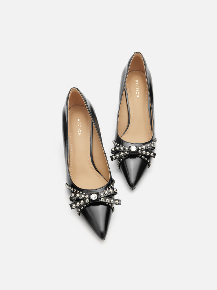 PAZZION, Knox Studded Bow Pointed Toe Heels, Black