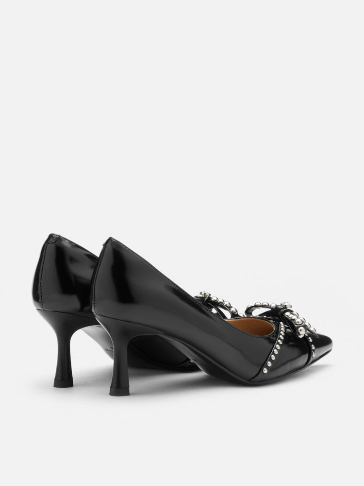 PAZZION, Knox Studded Bow Pointed Toe Heels, Black
