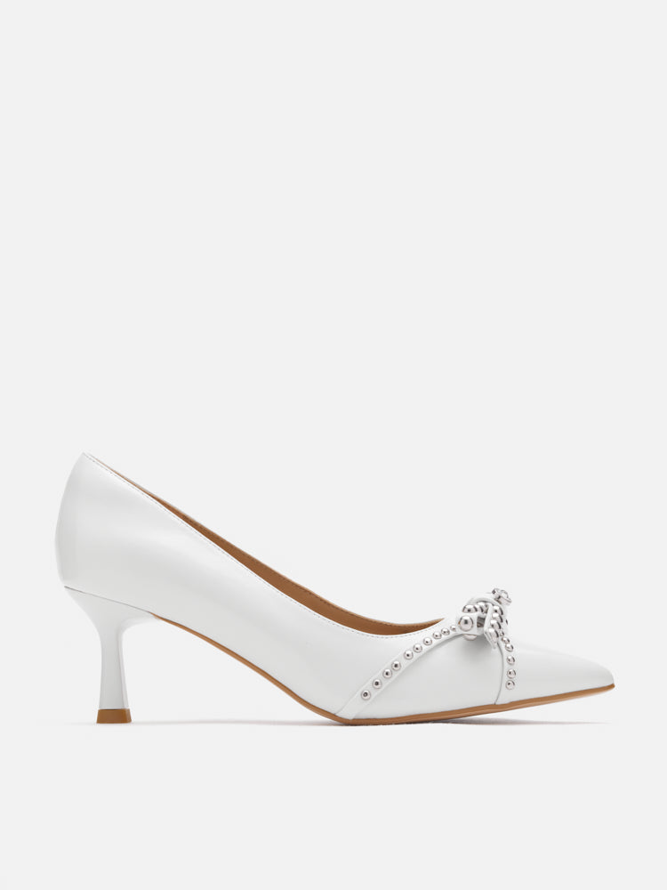 PAZZION, Knox Studded Bow Pointed Toe Heels, White