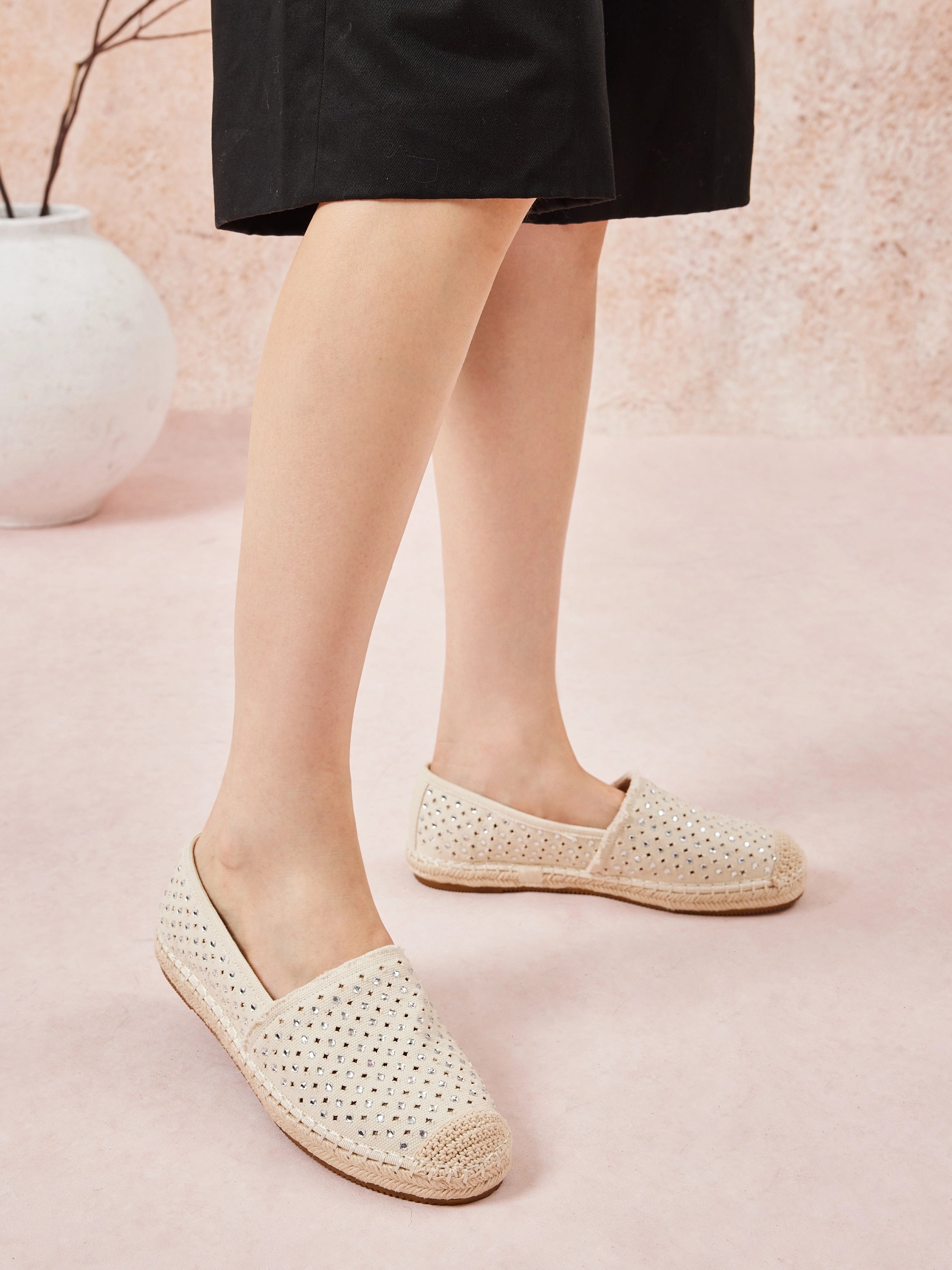 PAZZION, Lela Crystal Studded Espadrilles, Beige