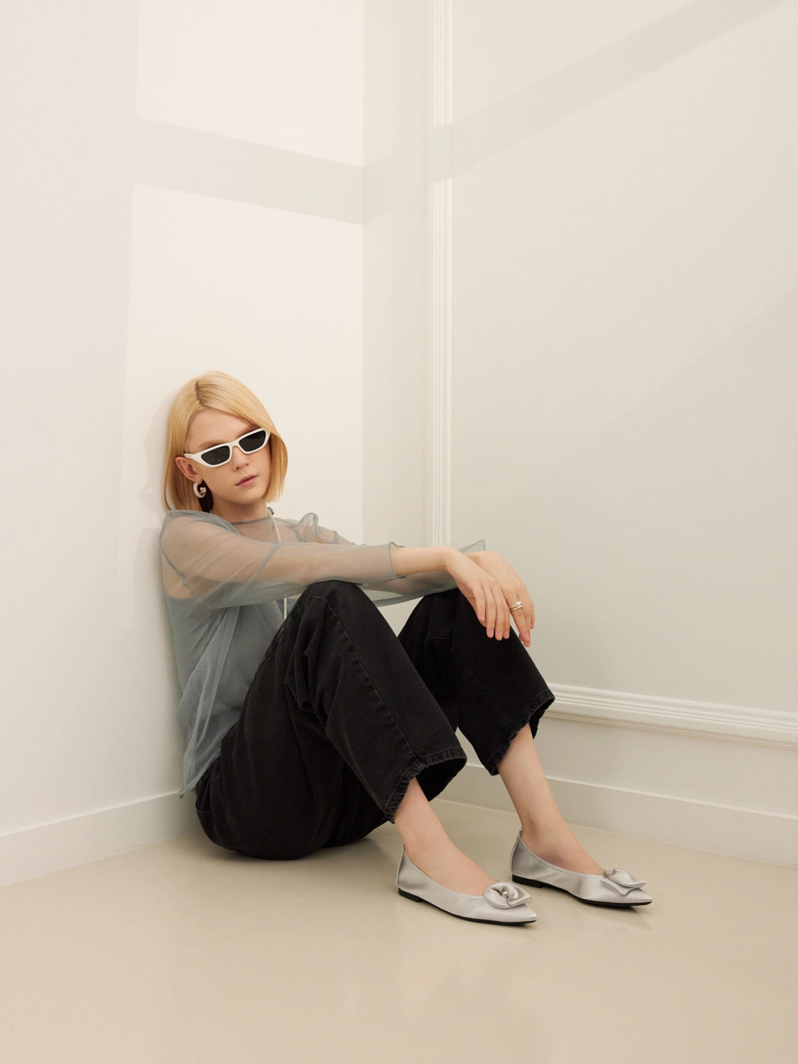 PAZZION, Lilia Pointed Toe Silk Flats, Silver