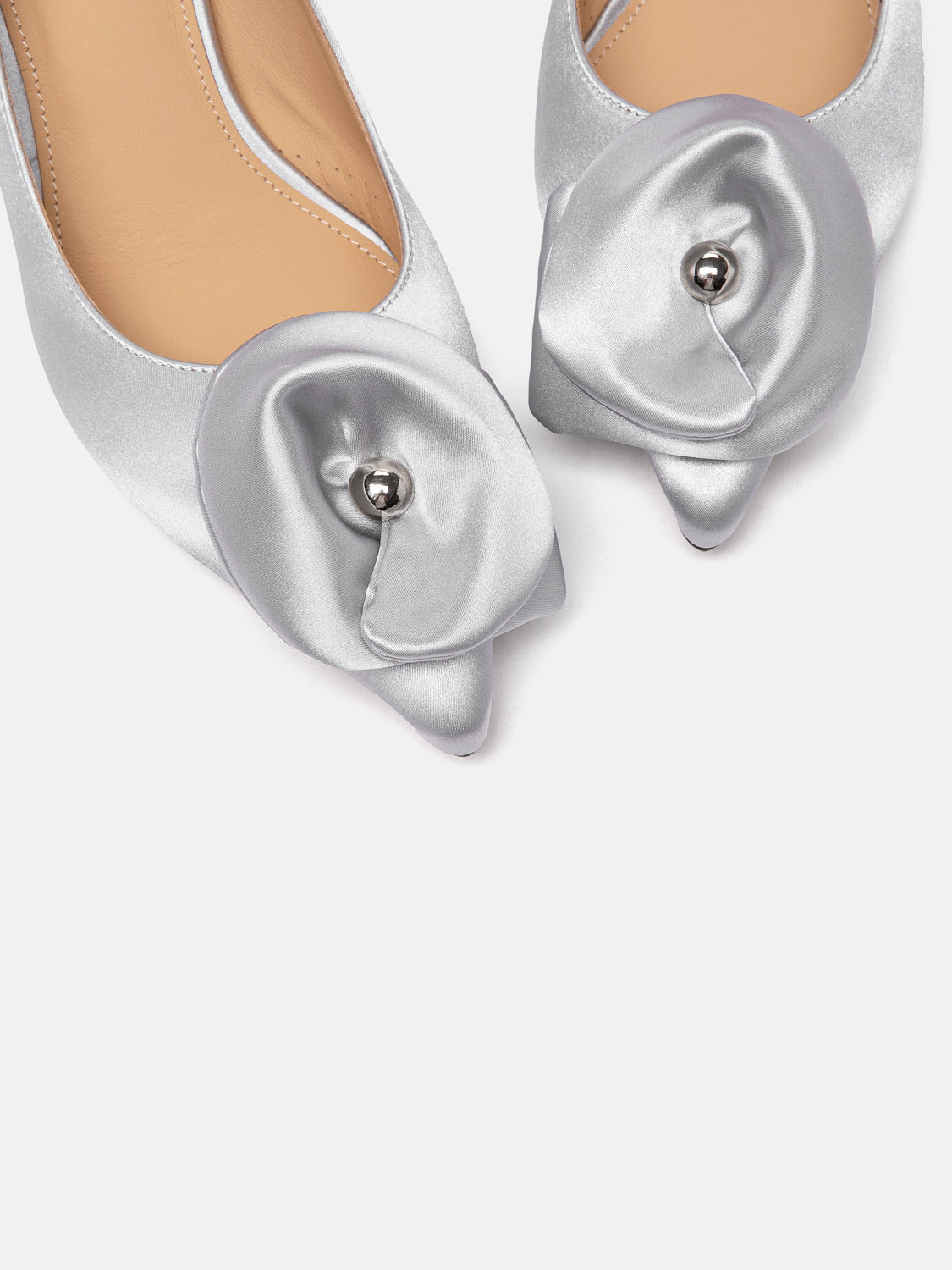 PAZZION, Lilia Pointed Toe Silk Heels, Silver