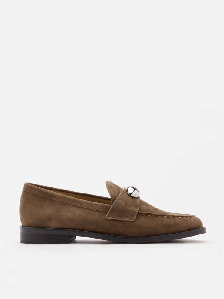 PAZZION, Lilibet Suede Metal-Buckle Loafers, Khaki