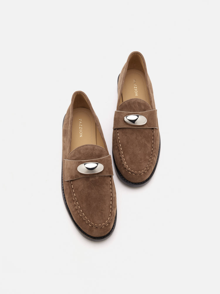 PAZZION, Lilibet Suede Metal-Buckle Loafers, Khaki