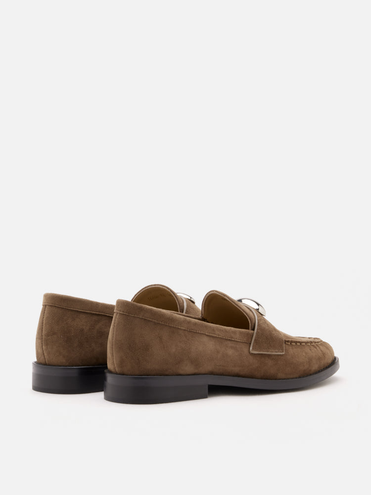 PAZZION, Lilibet Suede Metal-Buckle Loafers, Khaki