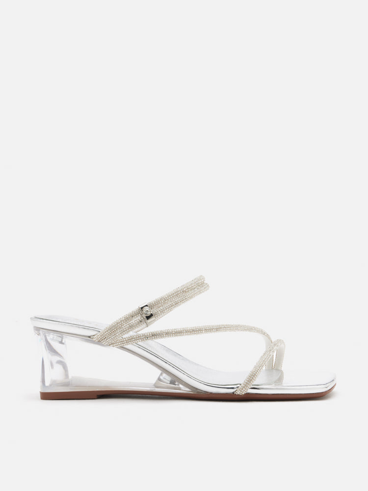 PAZZION, Lola Crystal Strap Wedges, Silver
