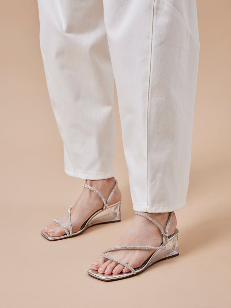 PAZZION, Lola Crystal Strap Wedges, Silver