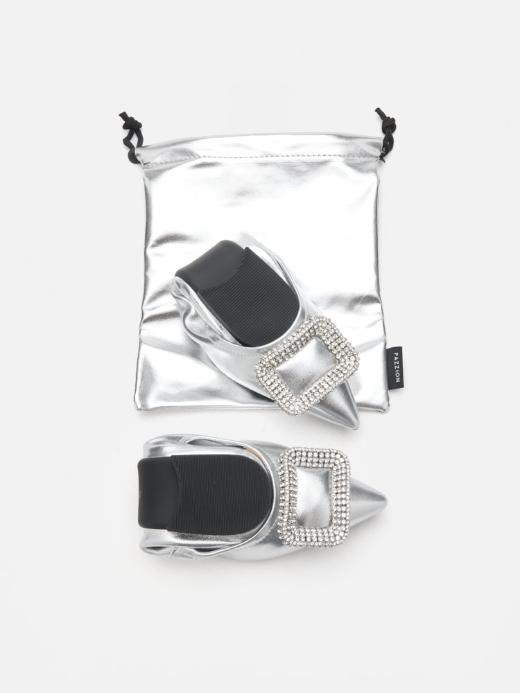PAZZION, Maddox Crystal Buckle Pointed Toe Foldable Flats, Silver