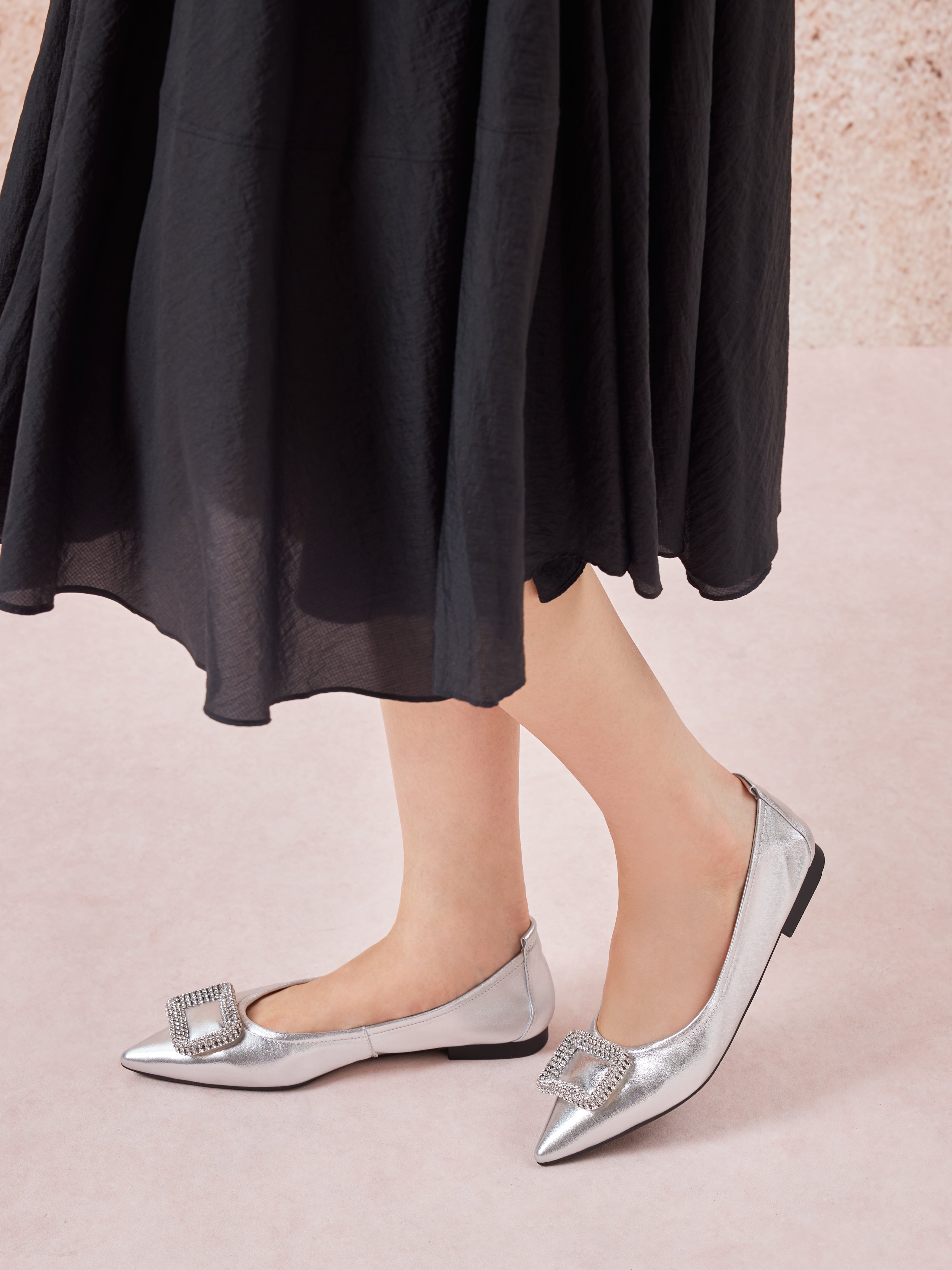 PAZZION, Maddox Crystal Buckle Pointed Toe Foldable Flats, Silver