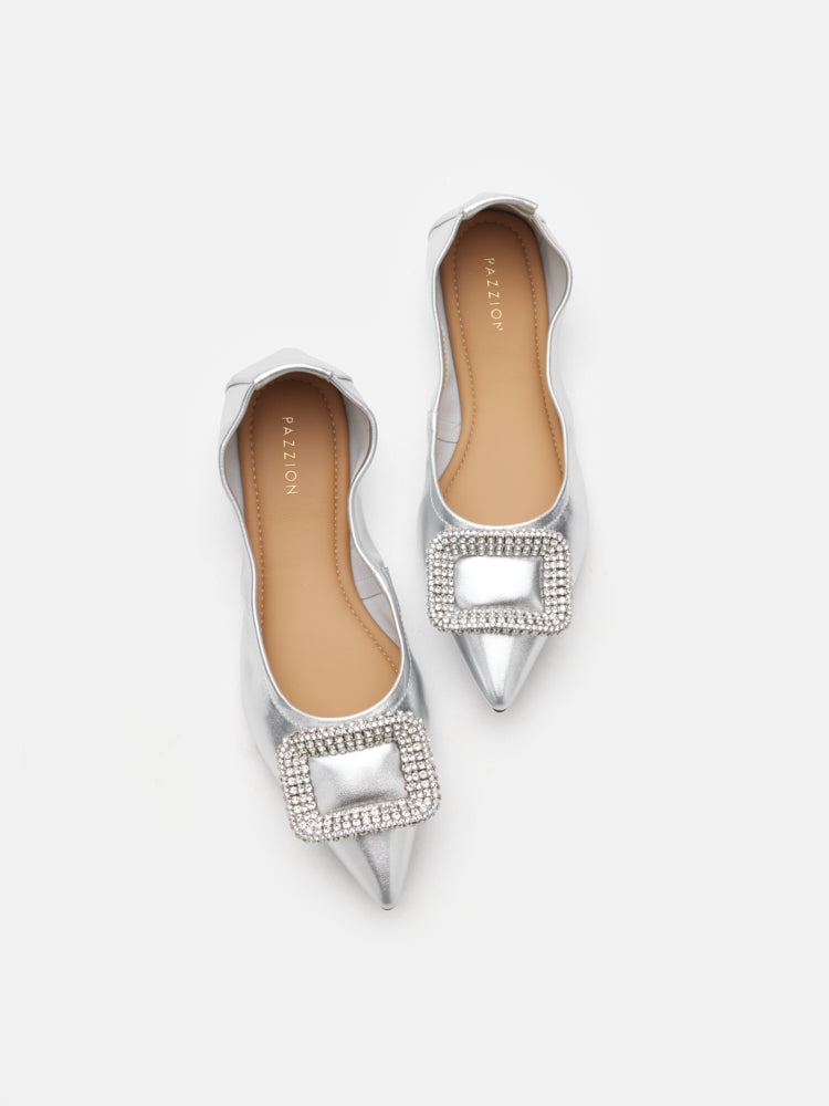 PAZZION, Maddox Crystal Buckle Pointed Toe Foldable Flats, Silver