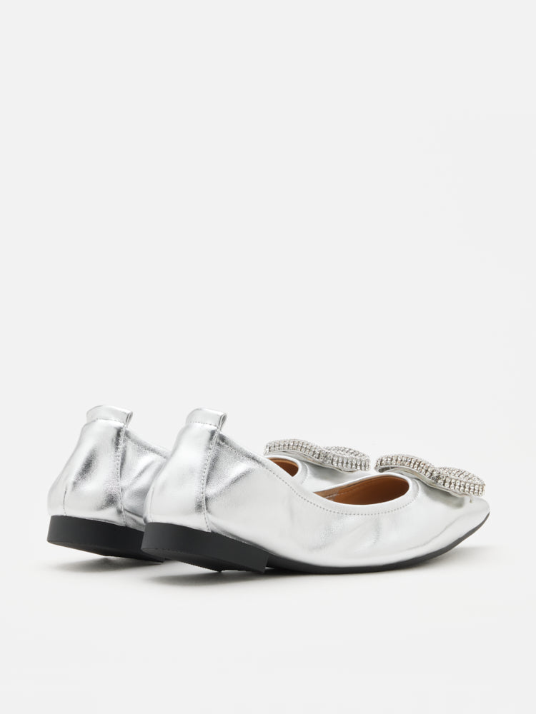 PAZZION, Maddox Crystal Buckle Pointed Toe Foldable Flats, Silver