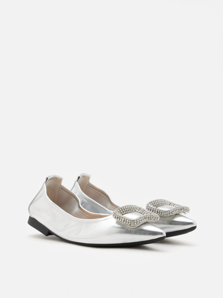 PAZZION, Maddox Crystal Buckle Pointed Toe Foldable Flats, Silver