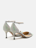 PAZZION, Madeline Crystal V-Cut Ankle Strap Pump Heels, Silver