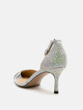 PAZZION, Madeline Crystal V-Cut Ankle Strap Pump Heels, Silver