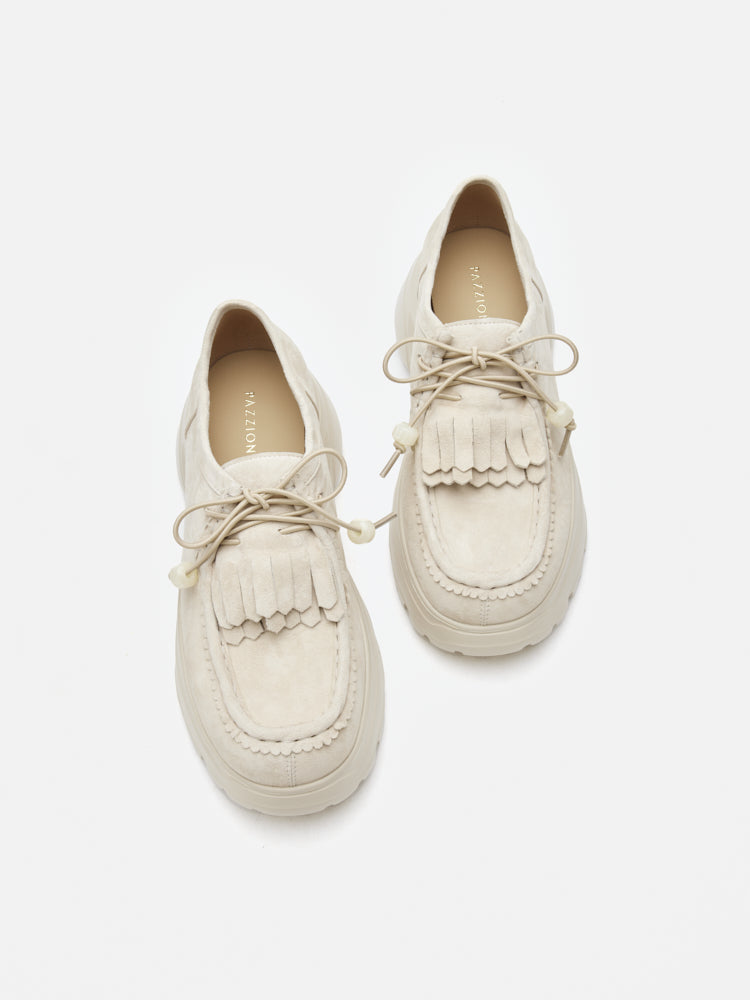 PAZZION, Maeve Suede Fringed Loafers, Beige