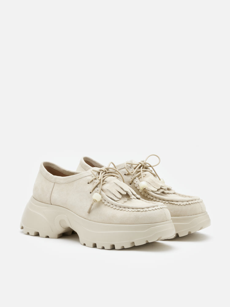 PAZZION, Maeve Suede Fringed Loafers, Beige