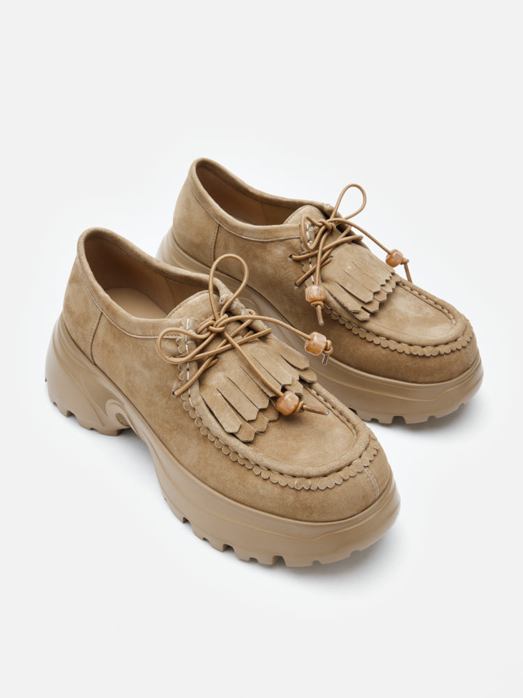 PAZZION, Maeve Suede Fringed Loafers, Camel