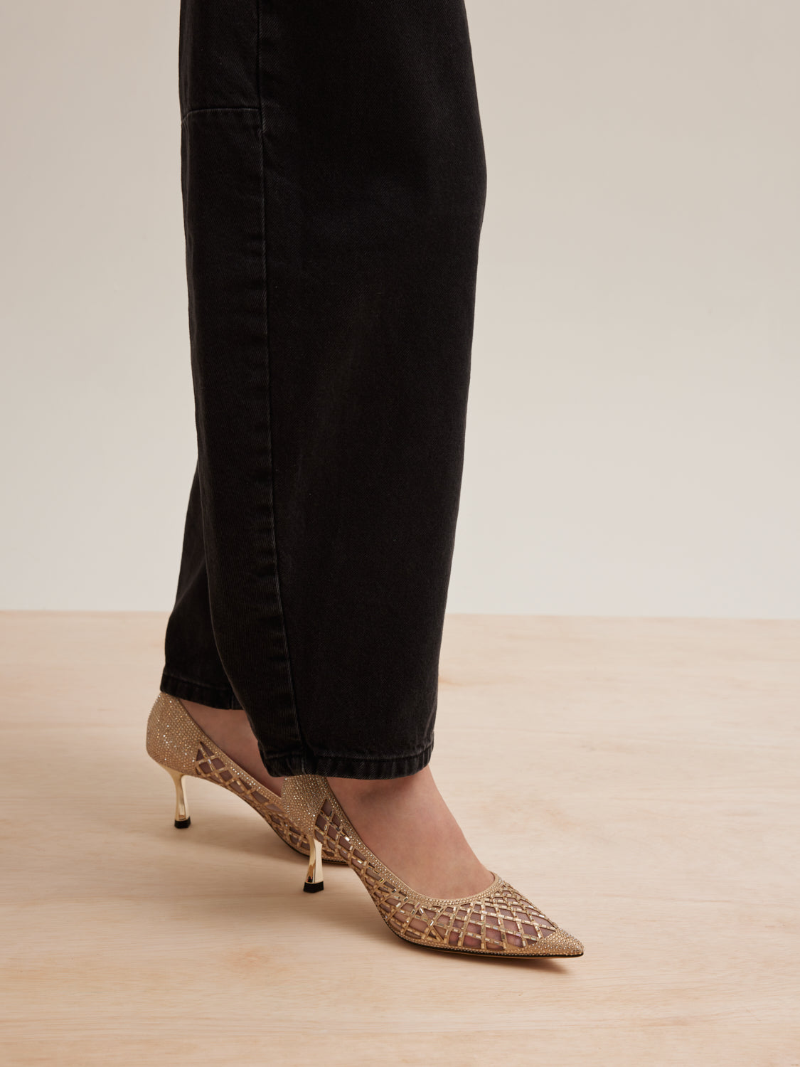 PAZZION, Mallory Crystal Embellished Perforated Pointed Toe Heels, Gold