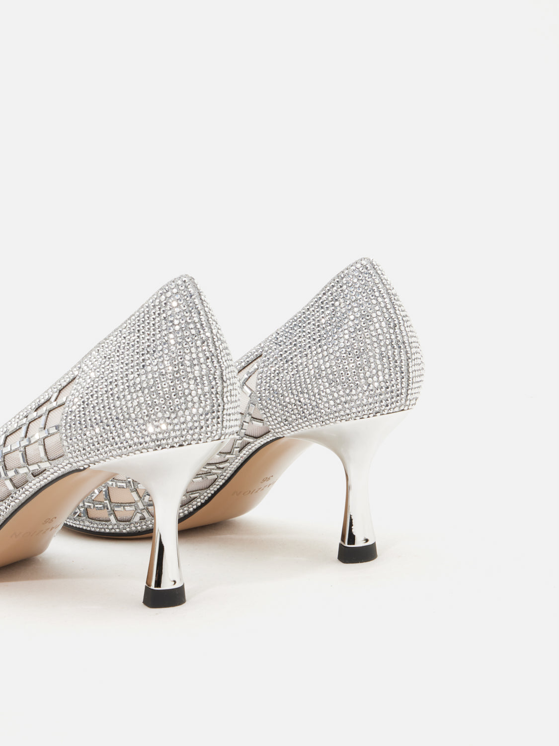PAZZION, Mallory Crystal Embellished Perforated Pointed Toe Heels, Silver