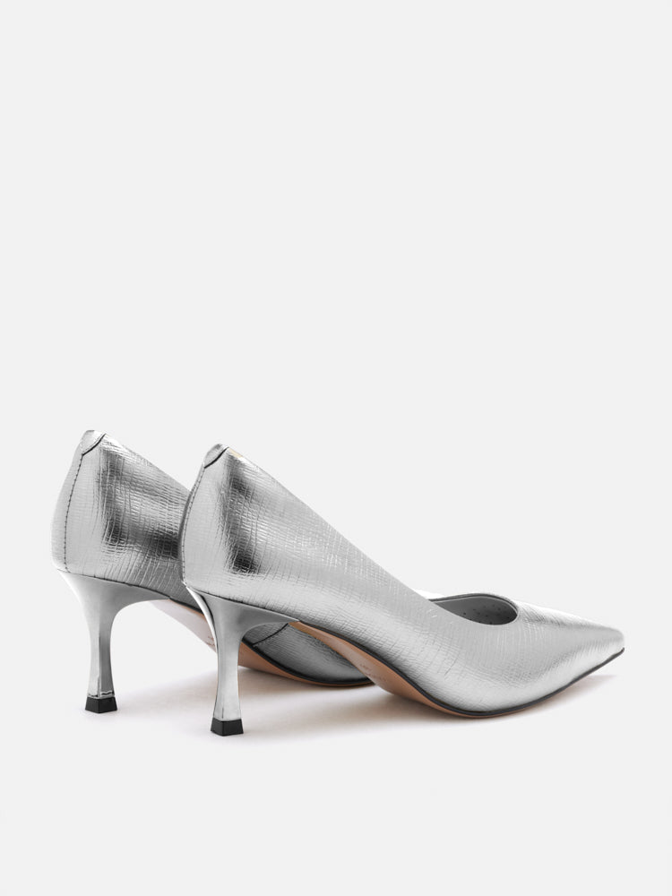 PAZZION, Marcie Metallic Pointed Toe Heels, Silver