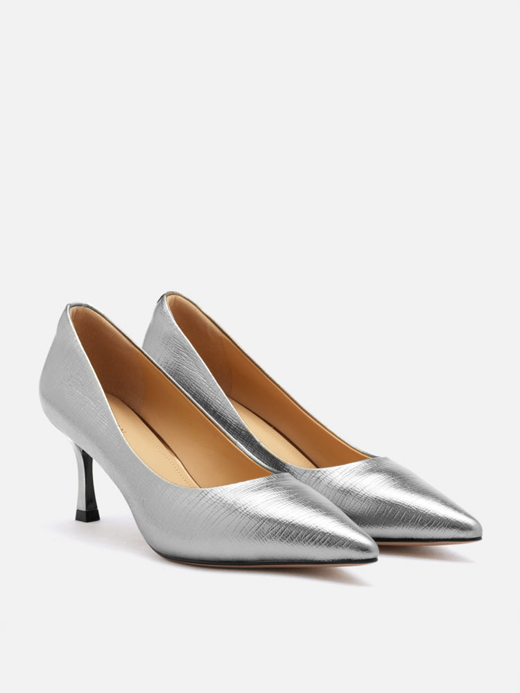 PAZZION, Marcie Metallic Pointed Toe Heels, Silver