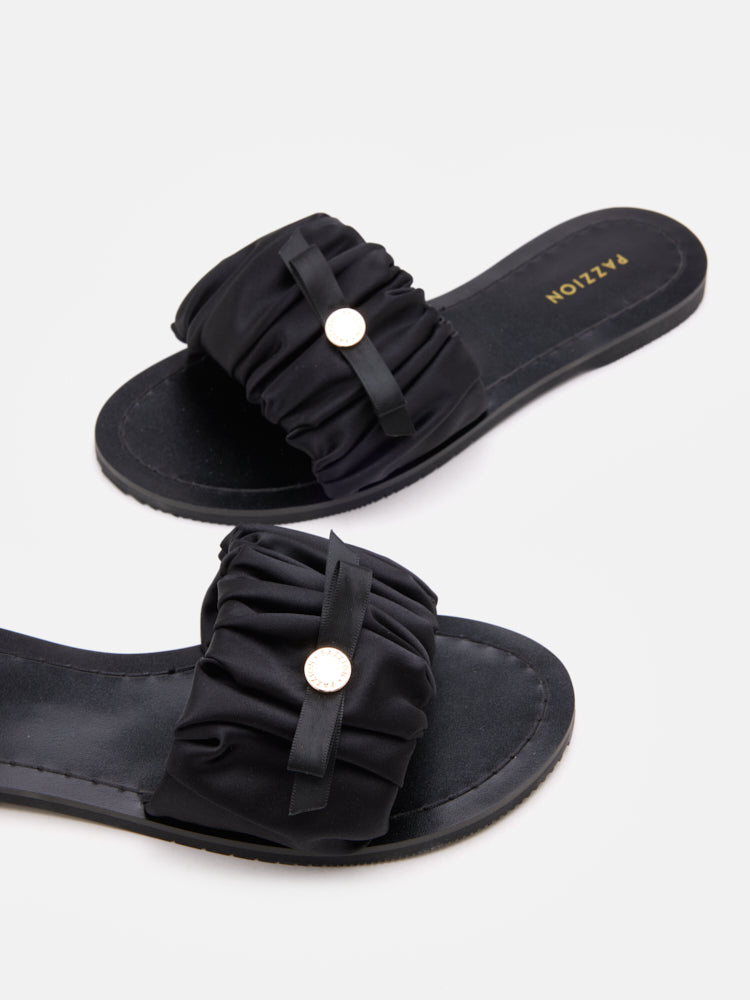 PAZZION, Maribel Ruched Satin Slide Sandals, Black