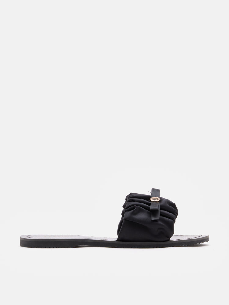 PAZZION, Maribel Ruched Satin Slide Sandals, Black